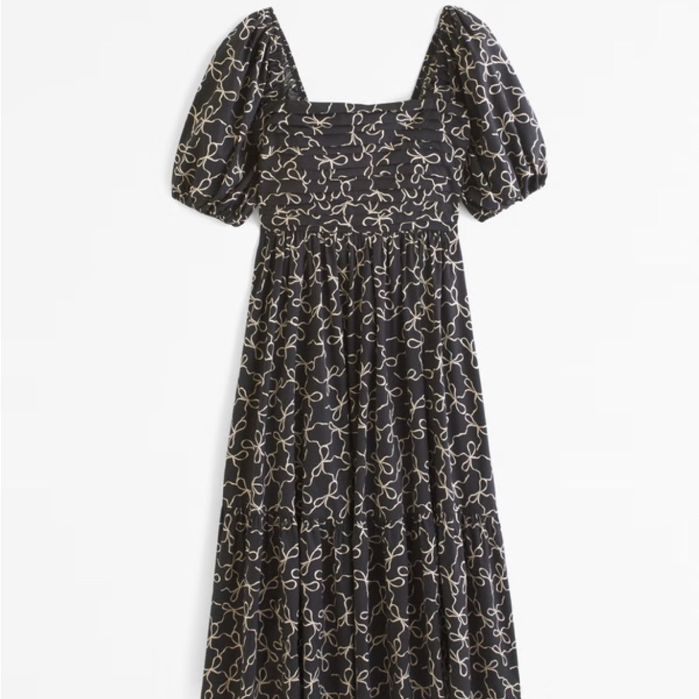The A&F Emerson Poplin Puff Sleeve Midi Dress - Black & White Bow Print